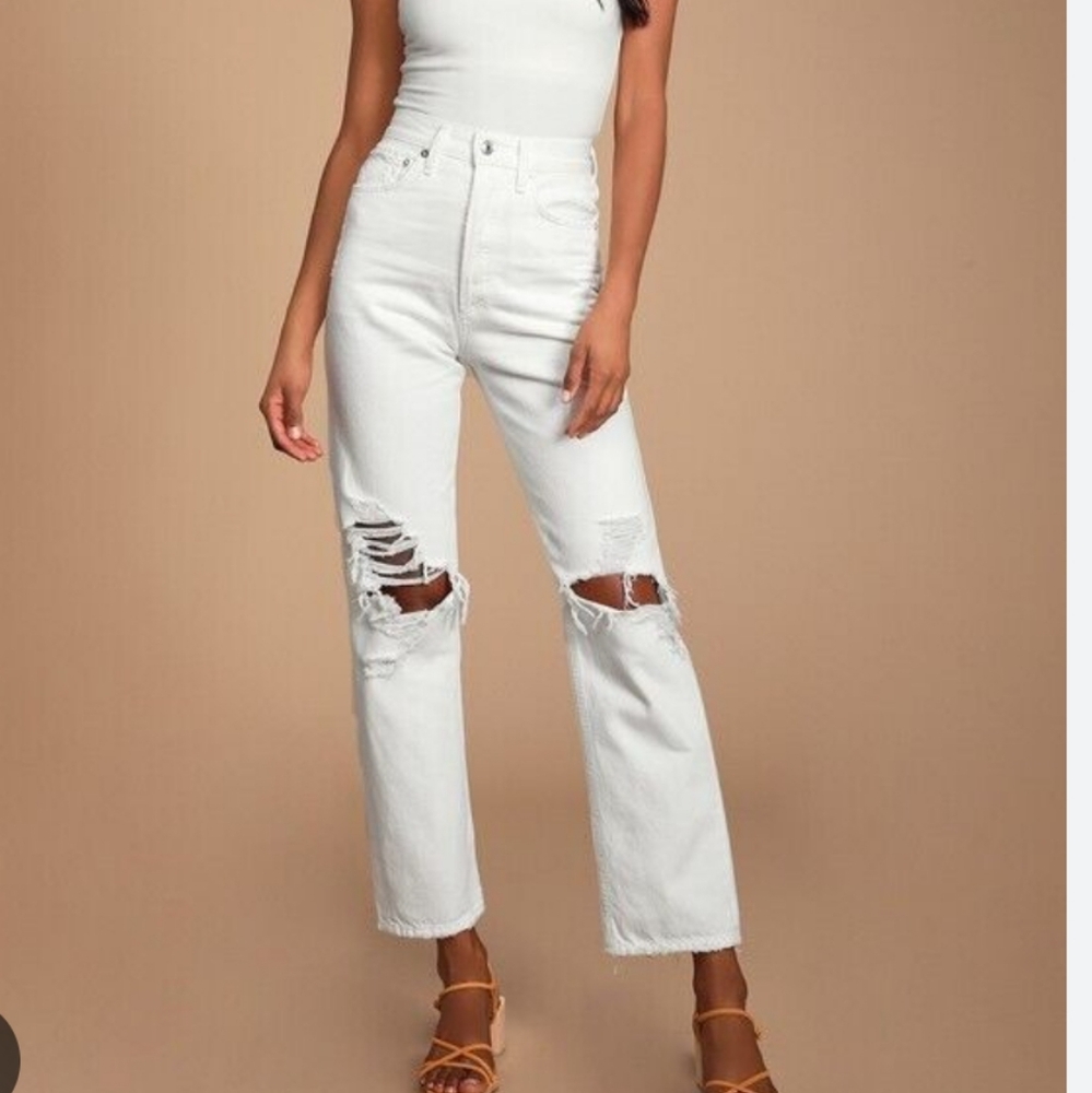 AGOLDE 90's Mid Rise Loose Distressed Jeans in Vanish White, size 25.